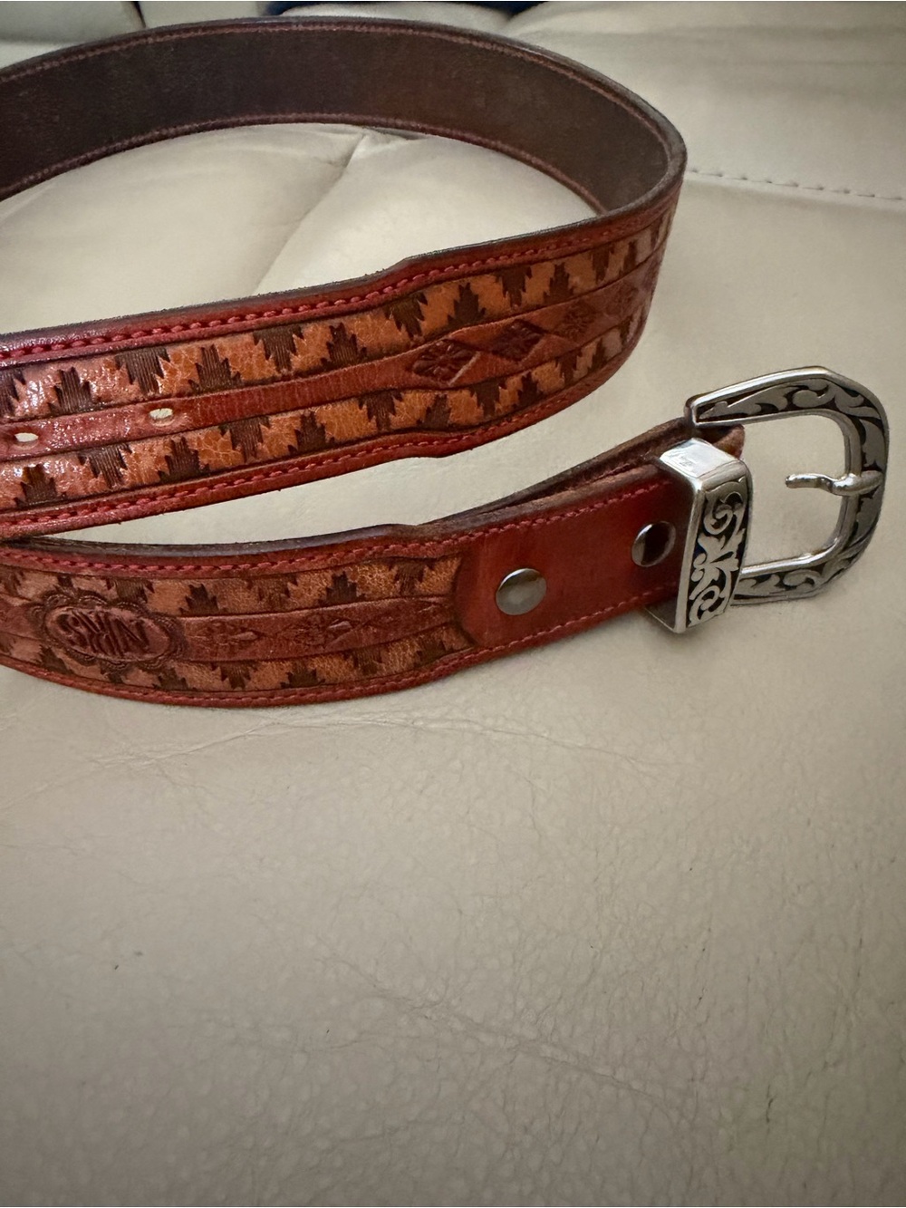 Men's Leather Belt (NRS Brand) with Decorative Oak-Leaf Pattern - Brown